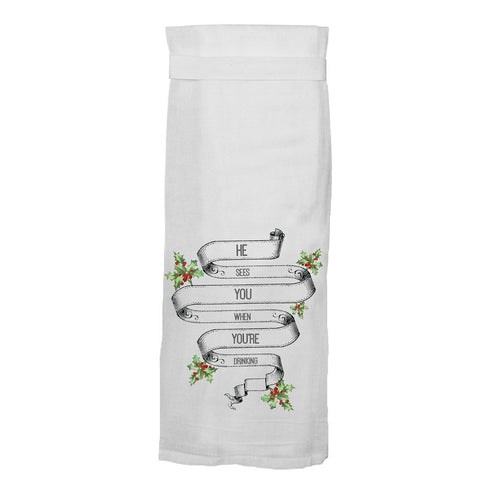 He See's You Drinking - Funny Christmas Santa Kitchen Towel